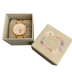 Olivia Burton London Gold Floral Marble Dial Watch Blush Leather Strap Boxed